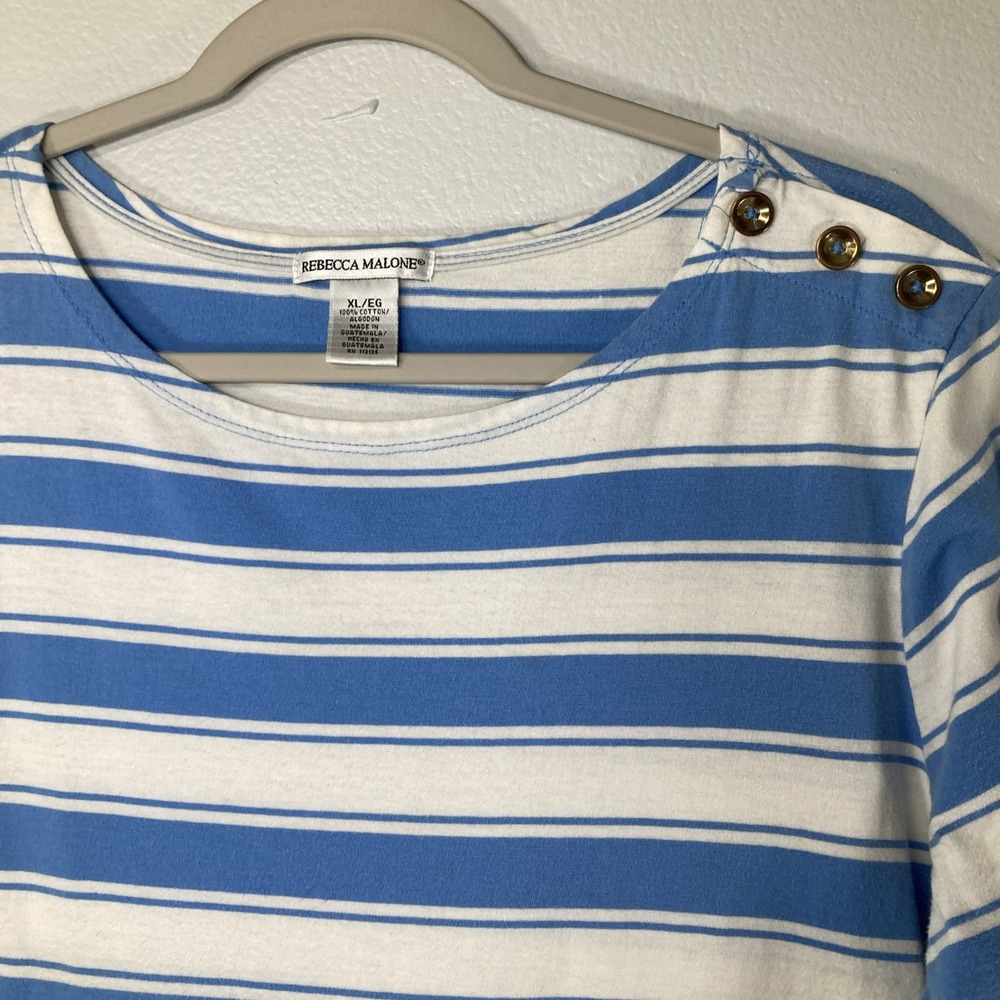 Rebecca Malone Women's Top XL Blue White Striped Jersey Gold Buttons 3/4 Sleeve